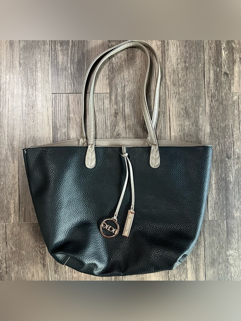 BCBGMaxAzria Black/Tan Reversible Faux Leather Tote w/ Gold and Jeweled Accents